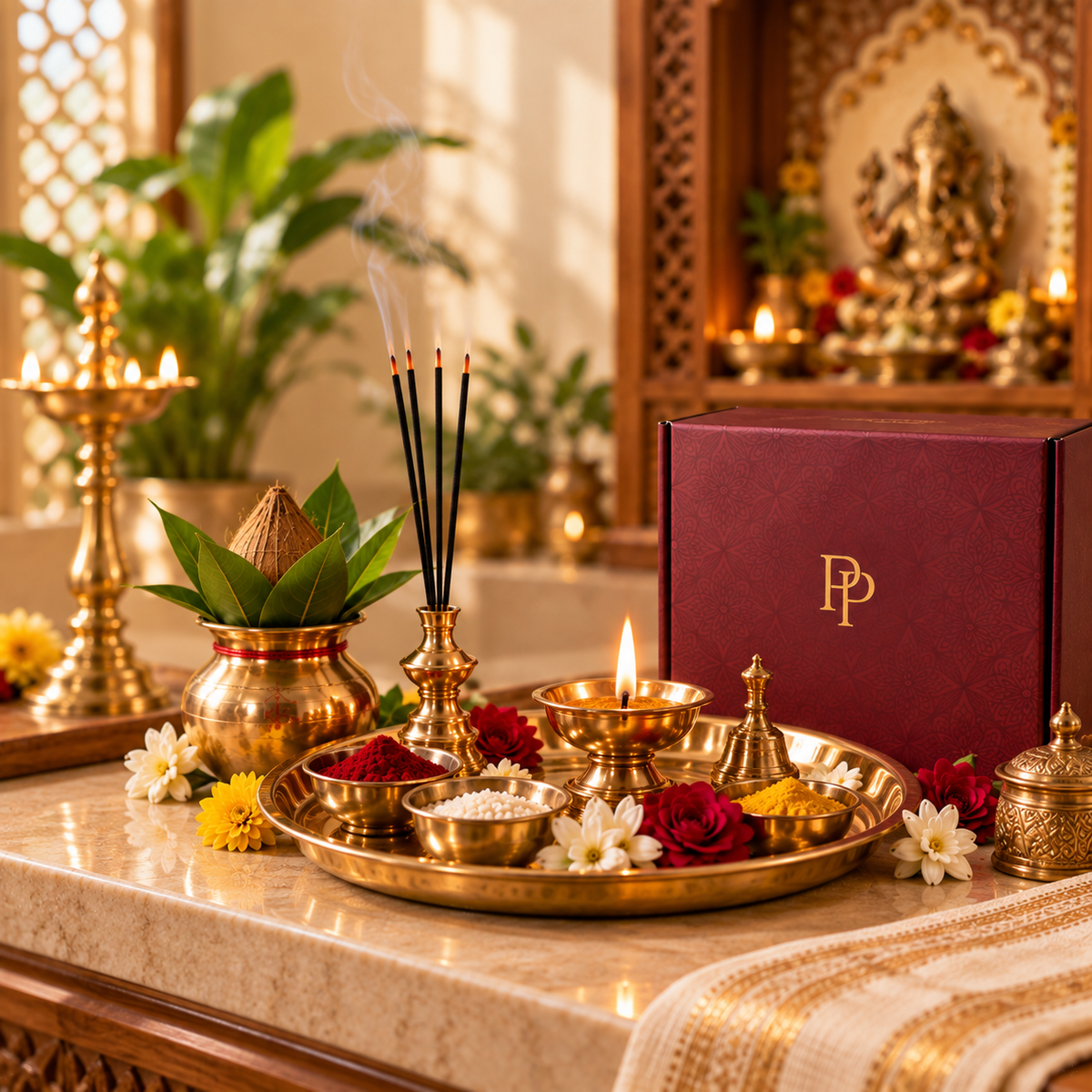 Daily Puja essentials with brass thali, diya, kalash, incense, flowers, and PujaPrem packaging.