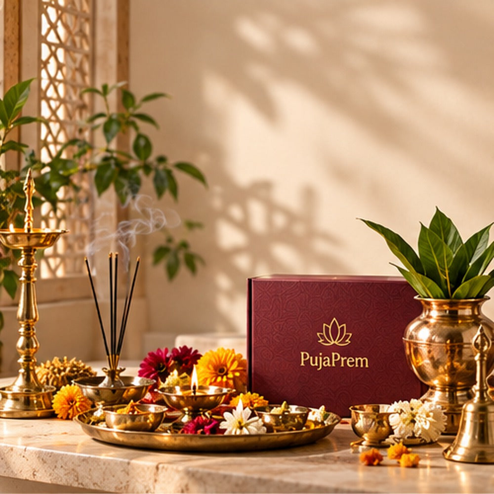 PujaPrem premium Puja kit setting with brass vessels, diya, flowers, incense, greenery, and maroon packaging.