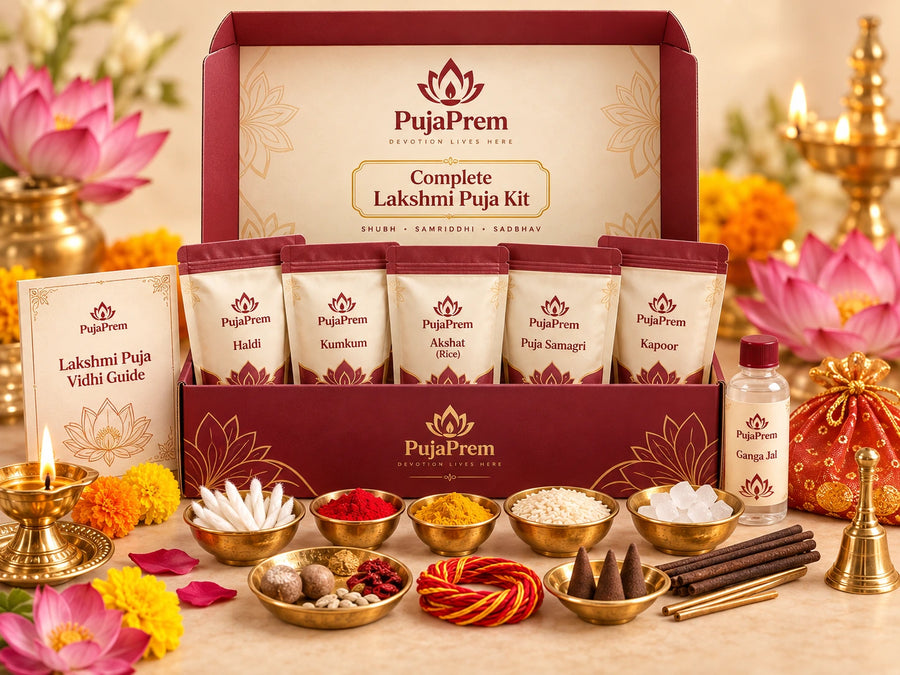 Complete Lakshmi Puja kit with PujaPrem packaging, Goddess Lakshmi devotional setting, brass puja vessels, lotus flowers, offerings, and festive decor.