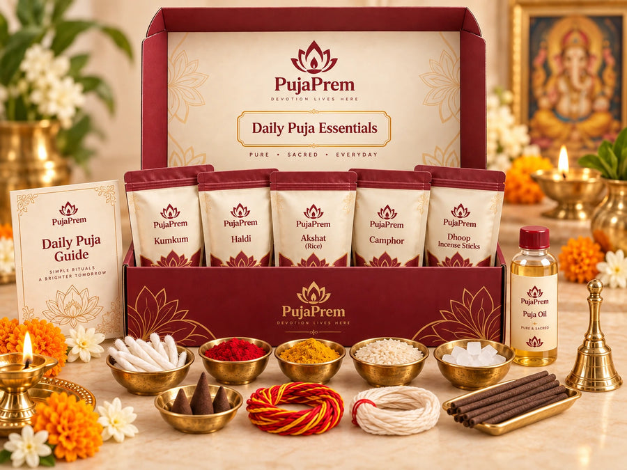 Daily Puja essentials with PujaPrem packaging, brass puja thali, diya, incense, flowers, kalash, and organized everyday ritual supplies.