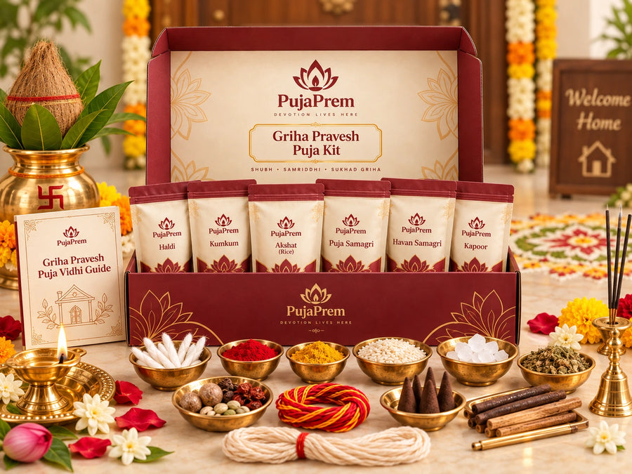 Griha Pravesh Puja kit with PujaPrem packaging, ceremonial kalash, diya, flowers, rangoli, and auspicious new-home ritual essentials.