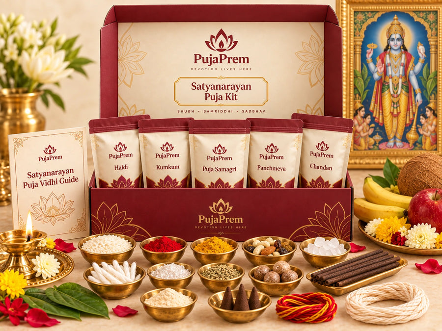 Satyanarayan Puja kit with PujaPrem packaging and a Satyanarayan devotional context, organized ritual essentials, brass vessels, flowers, and offerings.
