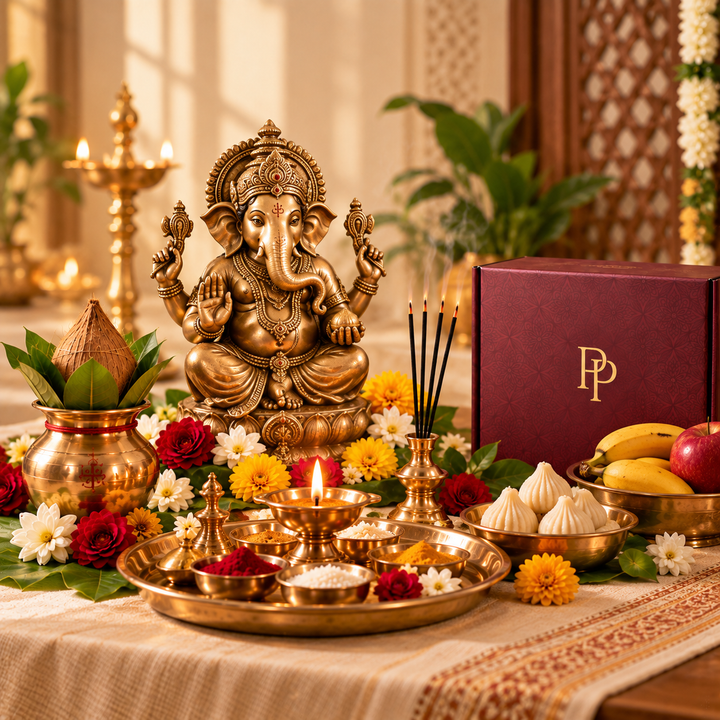 Ganesh Puja setting with brass diya, kalash, flowers, offerings, and PujaPrem maroon packaging.