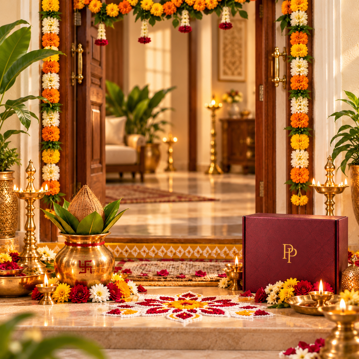 Griha Pravesh housewarming entrance with marigold garlands, kalash, diya, rangoli, and PujaPrem packaging.