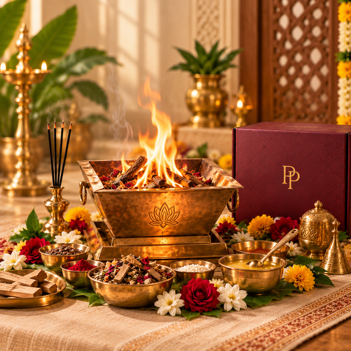 Havan setting with brass havan kund, sacred fire, incense, offerings, flowers, and PujaPrem packaging.