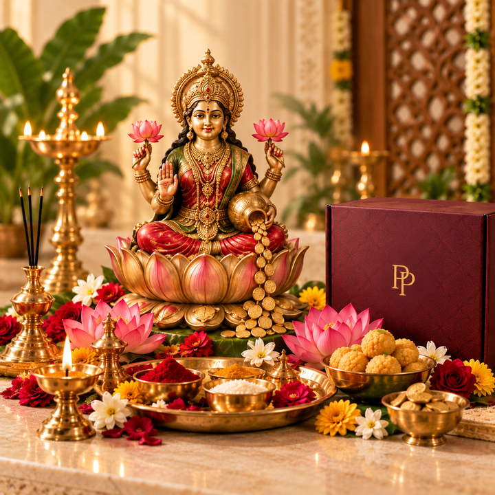 Lakshmi Puja setting with lotus flowers, brass lamps, offerings, and PujaPrem maroon packaging.