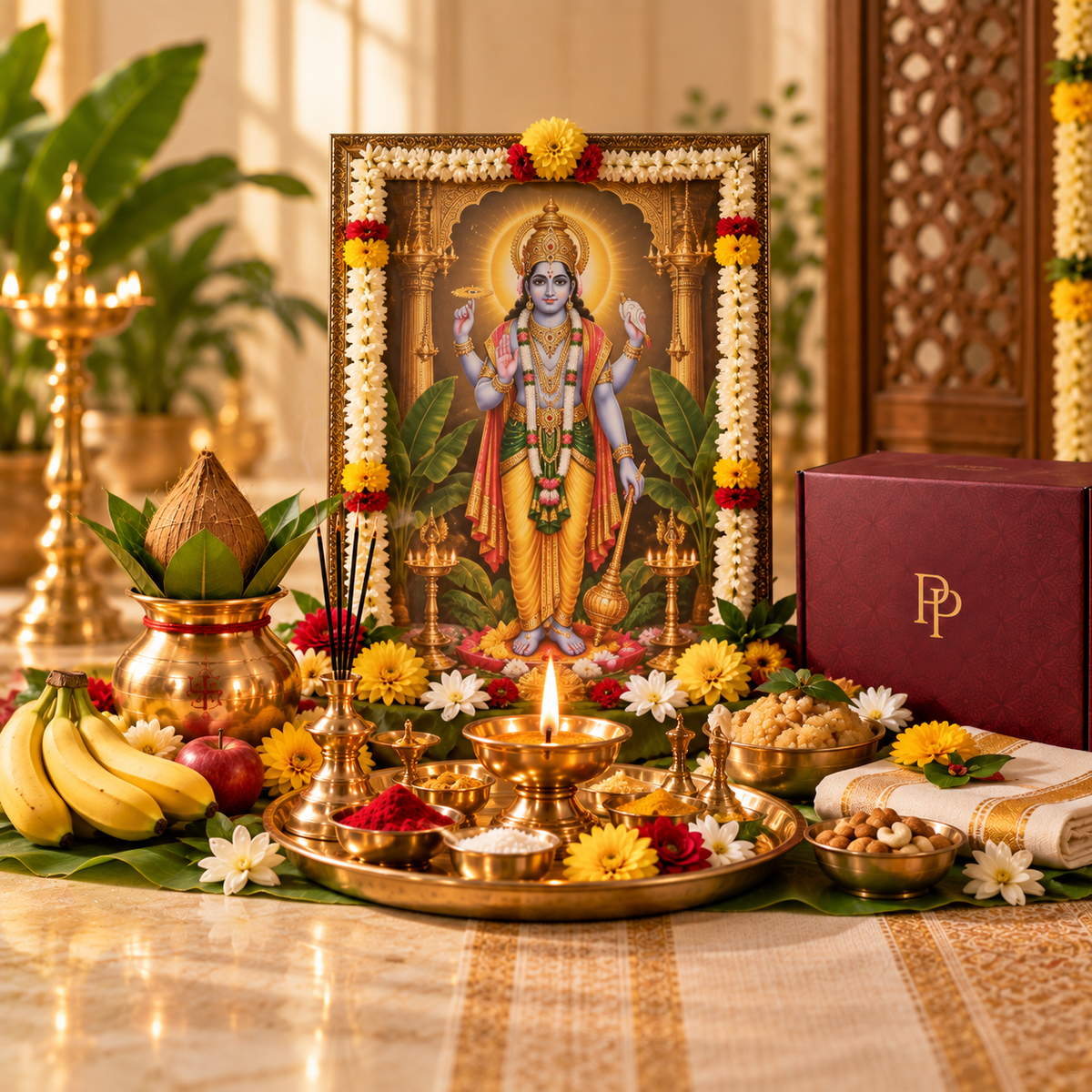 Satyanarayan Puja setting with Vishnu devotional image, brass thali, kalash, fruit, flowers, and PujaPrem packaging.