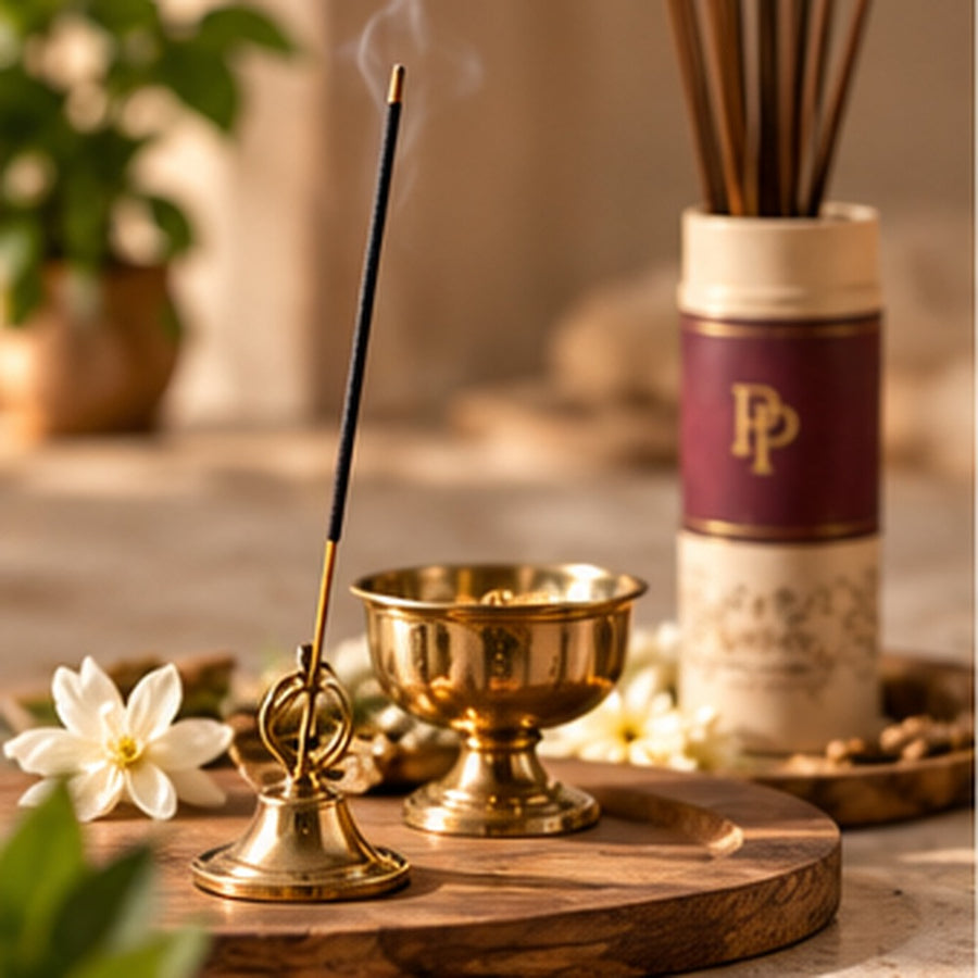 PujaPrem daily puja essentials arranged with brass ritual vessels, flowers, and incense.