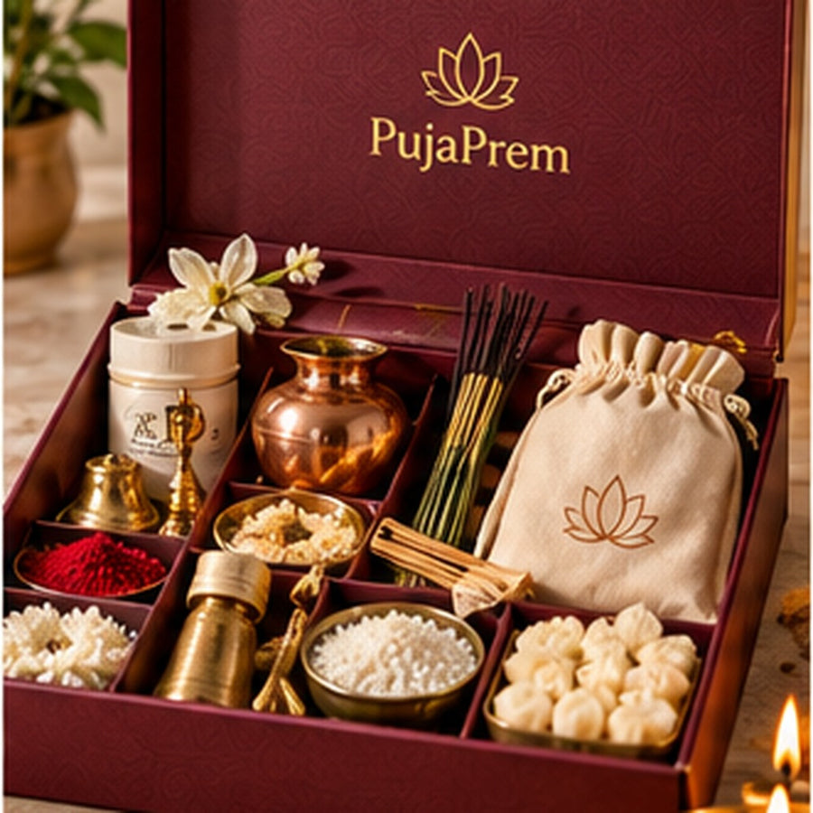 PujaPrem daily puja kit presented in maroon packaging with brass puja items and flowers.