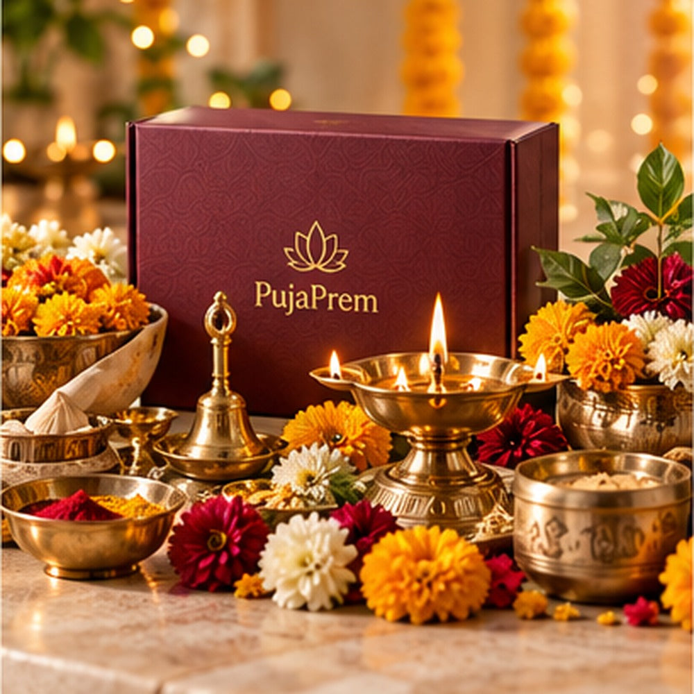PujaPrem festival puja essentials with maroon packaging, brass diya, flowers, and devotional decor.