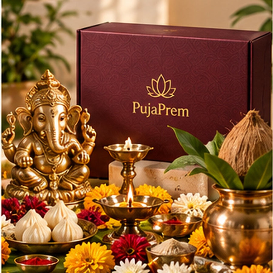 PujaPrem Ganesh puja kit styled with brass devotional items, flowers, and warm maroon packaging.