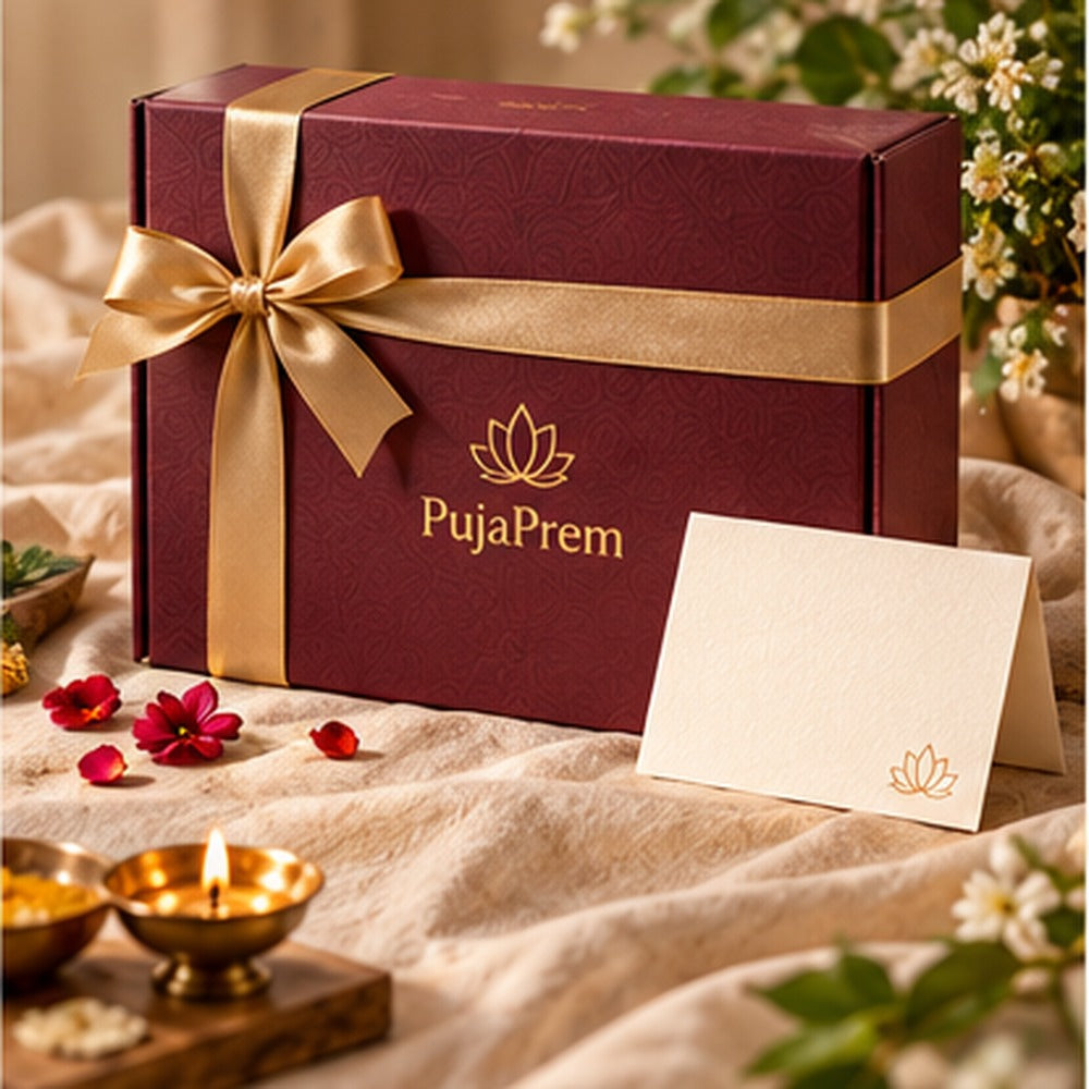 PujaPrem devotional gift set in premium maroon packaging with a gold ribbon and warm festive styling.