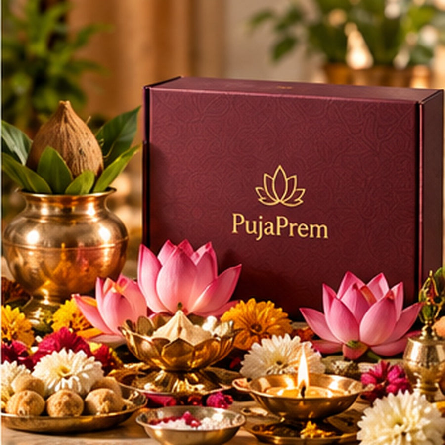 PujaPrem Lakshmi puja kit styled with lotus flowers, brass puja vessels, and premium maroon packaging.