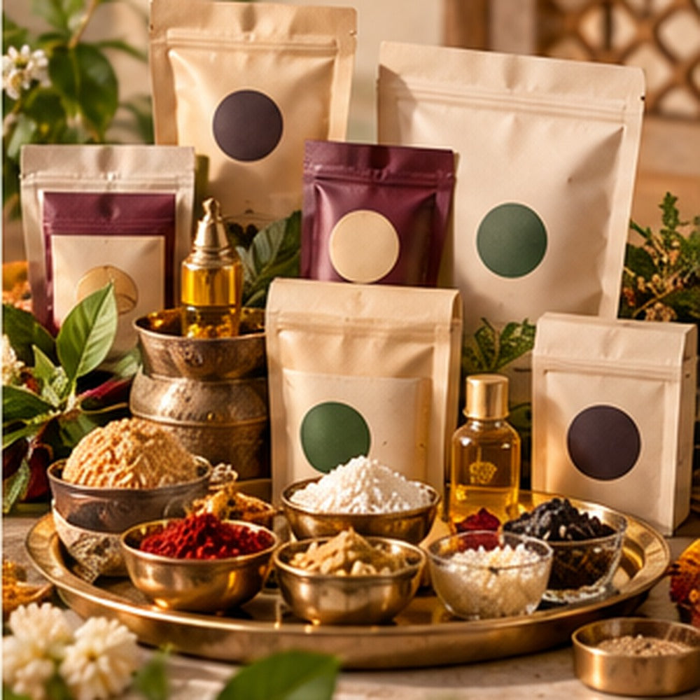 PujaPrem puja samagri essentials arranged in labeled pouches with brass bowls, herbs, and flowers.